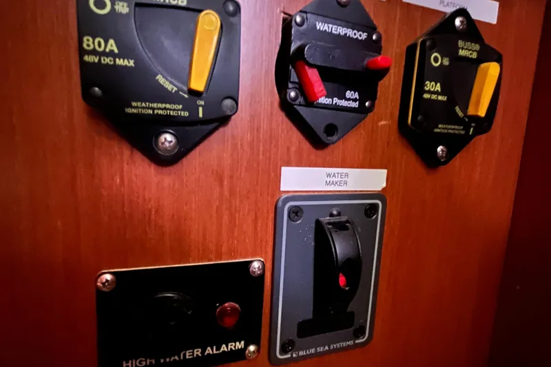 Wind Walker Yacht Photos Pics Electrical panel on 2013 Beneteau Oceanis 41 yacht with switches and high water alarm.