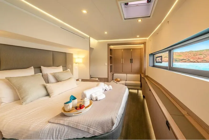 Semper Fidelis Yacht Photos Pics Luxurious cabin of Fountaine Pajot Alegria 67 yacht, 2022 model.