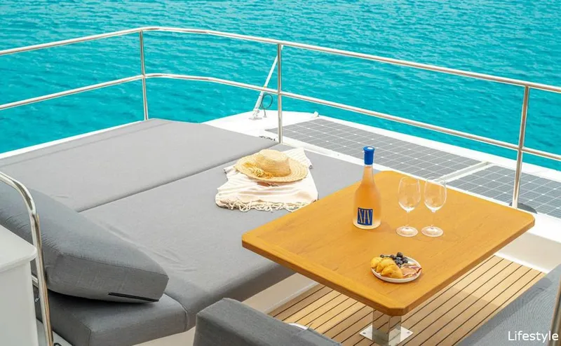 Semper Fidelis Yacht Photos Pics Luxurious deck of Fountaine Pajot Alegria 67 yacht, 2022, with ocean view.