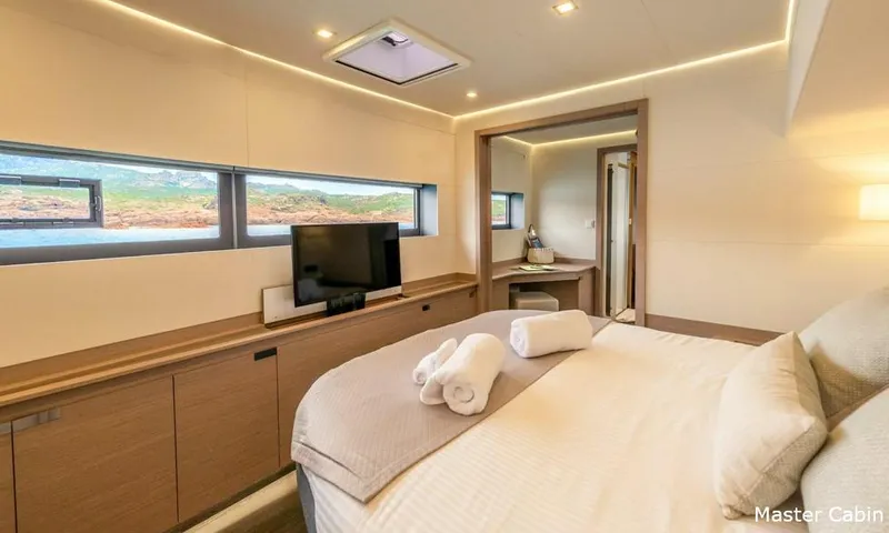 Semper Fidelis Yacht Photos Pics Luxurious master cabin of the 2022 Fountaine Pajot Alegria 67 yacht.