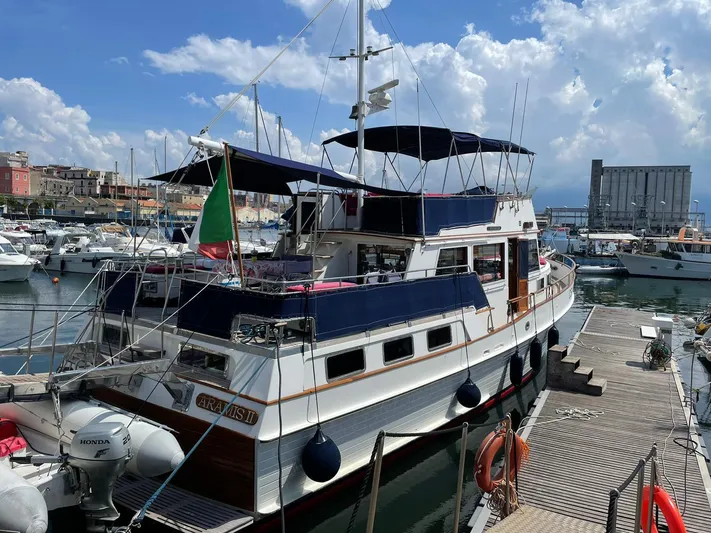 Aramis II Yacht Photos Pics 1990 Grand Banks 49 yacht docked at a marina under a partly cloudy sky.
