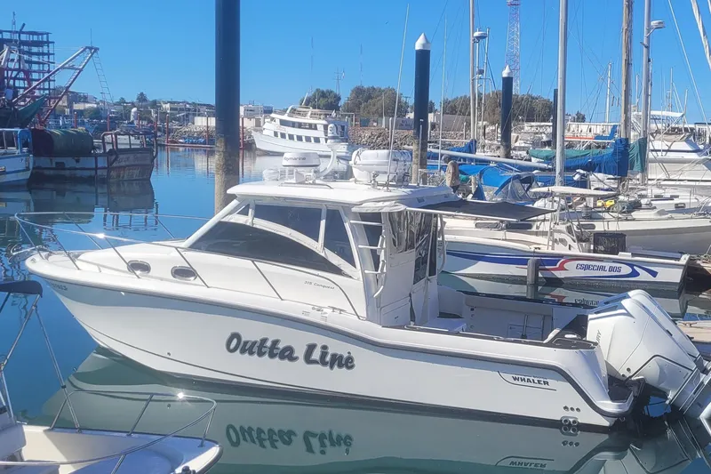 Outta Line Yacht Photos Pics 2017 Boston Whaler 315 Conquest boat docked in a marina, surrounded by other vessels.