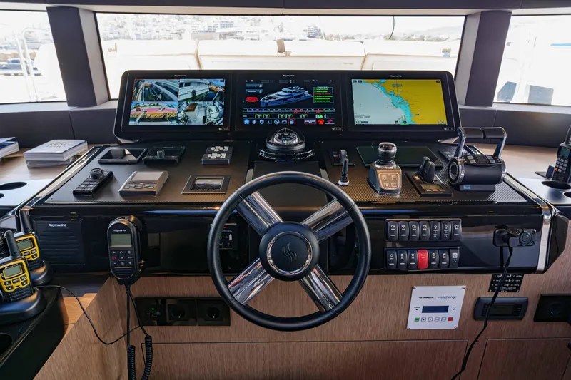 Heliophilia Yacht Photos Pics Cockpit of 2024 Sirena 88 yacht with advanced navigation and control systems.