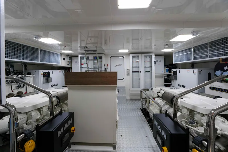 Heliophilia Yacht Photos Pics Engine room of 2024 Sirena 88 yacht with MAN engines and Kohler generators.