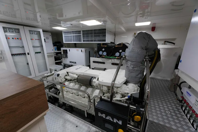 Heliophilia Yacht Photos Pics Engine room of 2024 Sirena 88 yacht, featuring MAN engine and advanced control systems.