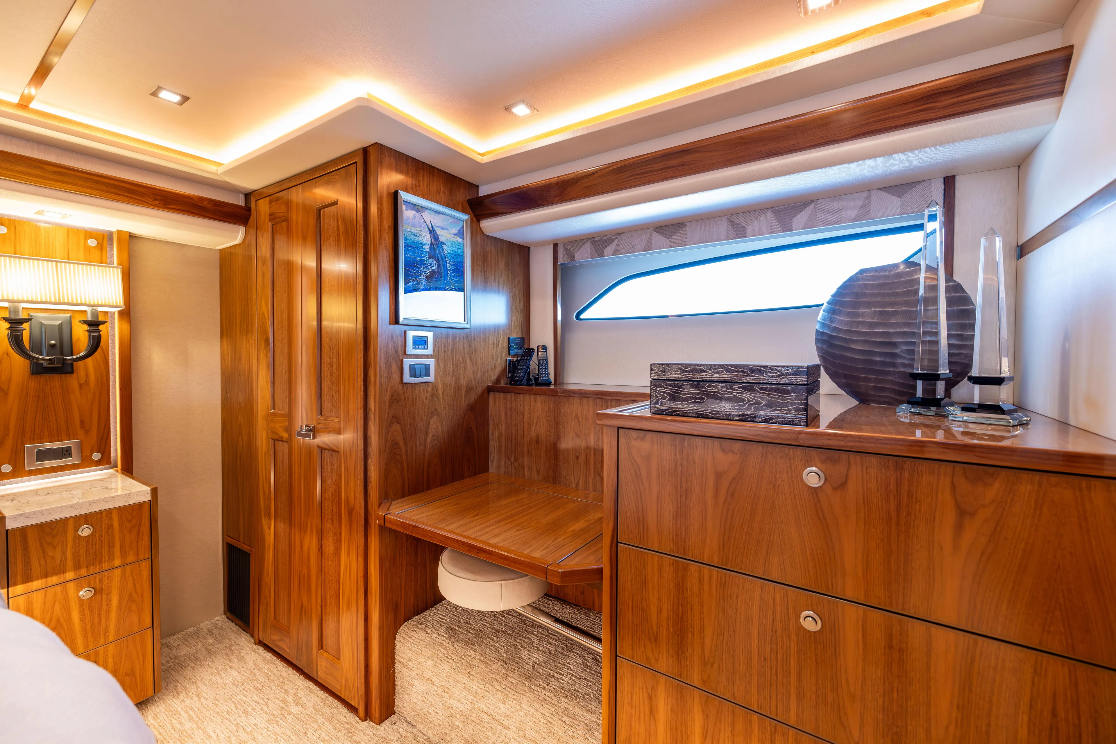 2020 Viking 80 Yacht Photos Pics Luxurious interior of 2020 Viking 80 Convertible yacht with elegant wood finishes.