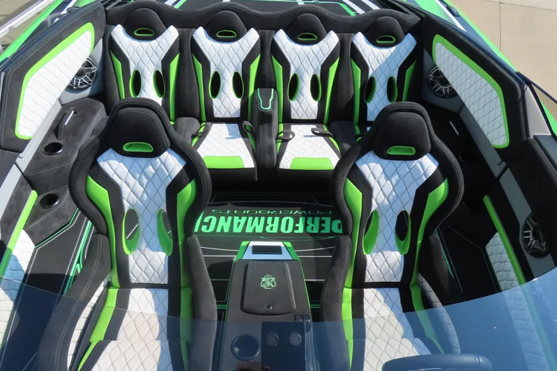  Yacht Photos Pics Interior of 2025 Performance Powerboat p360 with green and white seating design.