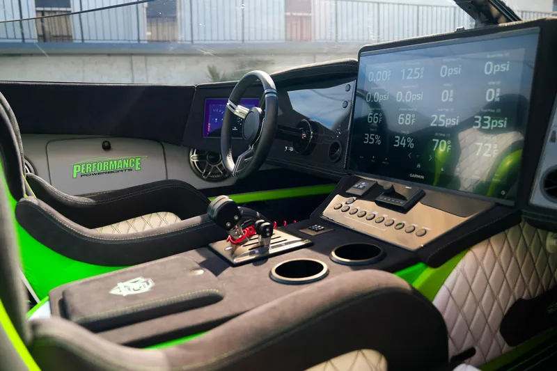  Yacht Photos Pics Interior of 2025 Performance Powerboats P360 with advanced dashboard and controls.