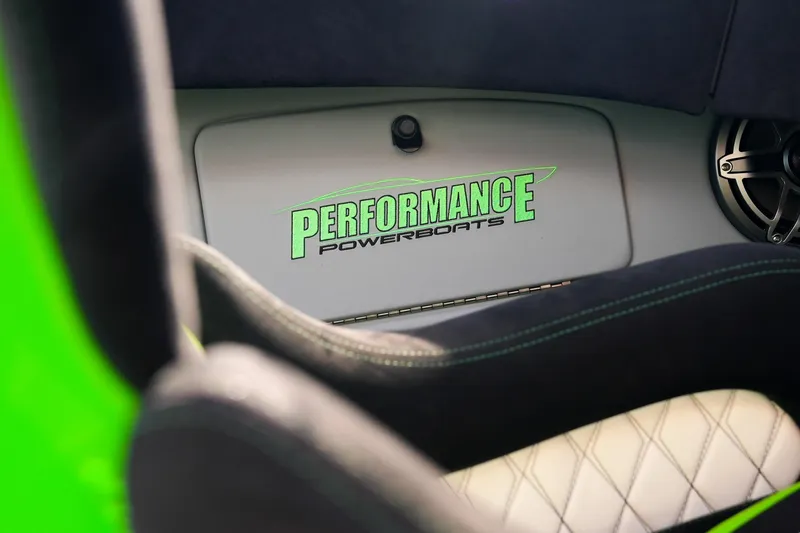  Yacht Photos Pics Interior of 2025 Performance Powerboats P360 with logo and speaker detail.