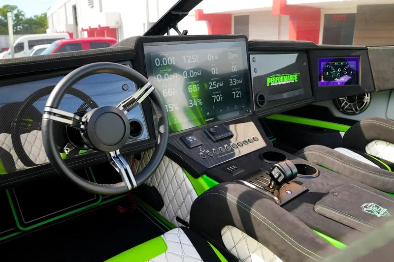  Yacht Photos Pics Interior of 2025 Performance Powerboats P360 with advanced dashboard and steering wheel.