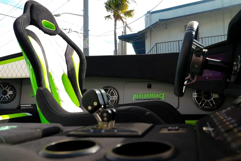  Yacht Photos Pics Interior of 2025 Performance Powerboats P360, featuring sleek design and vibrant green accents.