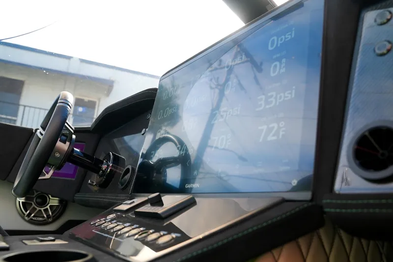  Yacht Photos Pics 2025 Performance Powerboats P360 dashboard with digital display and steering wheel.