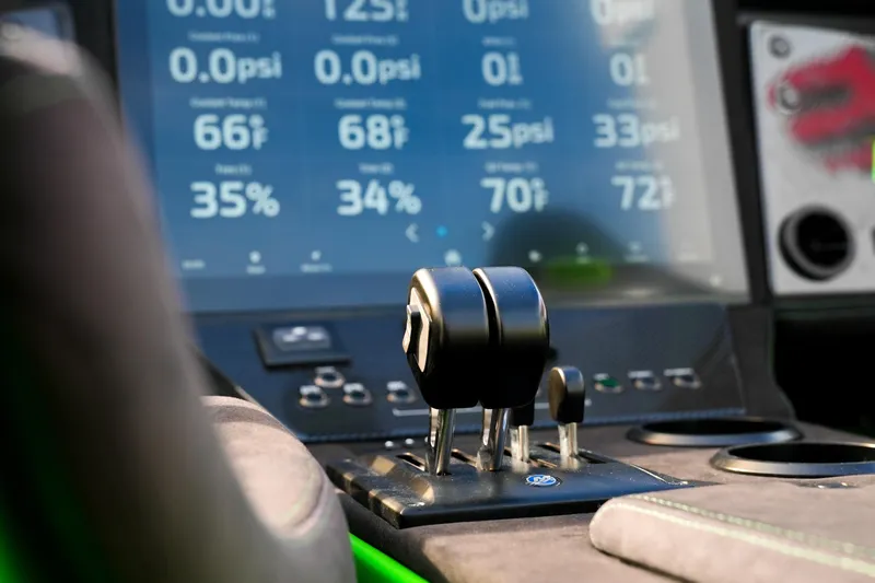  Yacht Photos Pics Close-up of 2025 Performance Powerboats P360 dashboard with controls and digital display.