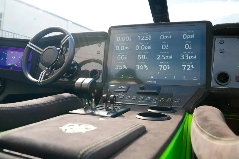  Yacht Photos Pics Interior of 2025 Performance Powerboats P360 with advanced digital dashboard and controls.