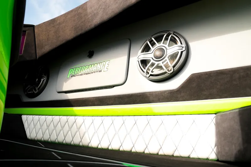  Yacht Photos Pics 2025 Performance Powerboats P360 interior with speakers and stylish upholstery.