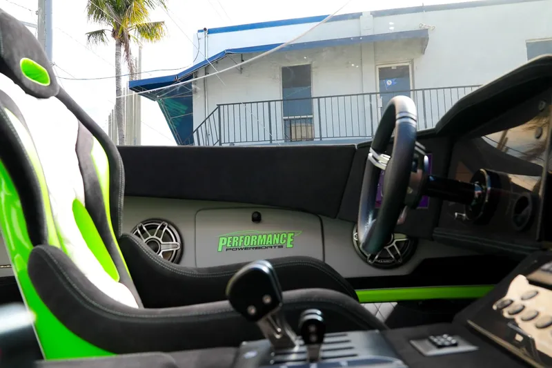  Yacht Photos Pics Interior of 2025 Performance Powerboats P360, featuring sleek design and vibrant green accents.