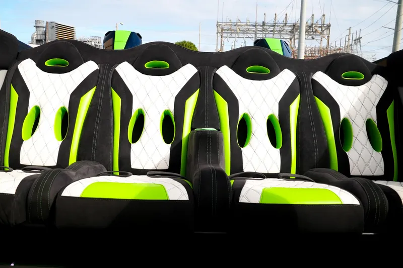  Yacht Photos Pics 2025 Performance Powerboats P360 interior with vibrant green and white seating design.