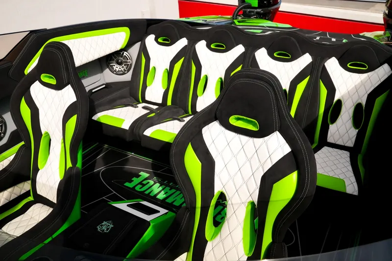  Yacht Photos Pics Interior of 2025 Performance Powerboats P360 with vibrant green and white seating.