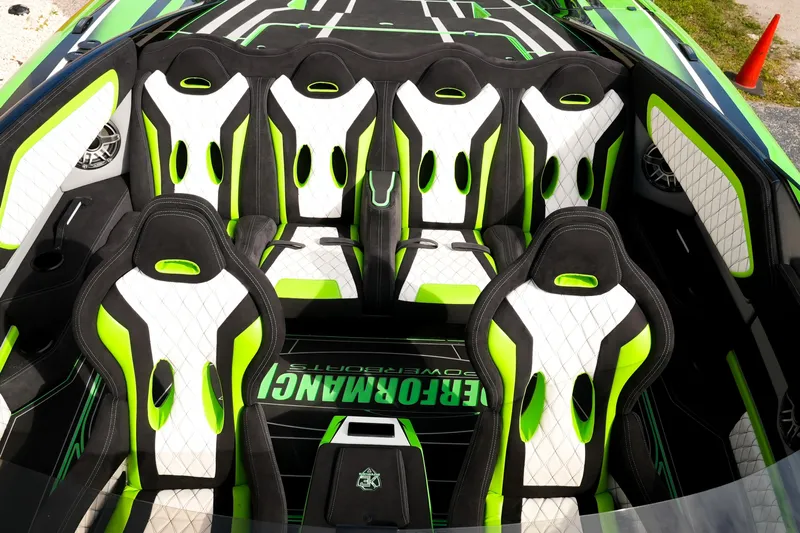  Yacht Photos Pics 2025 Performance Powerboats P360 interior with vibrant green and white seating design.