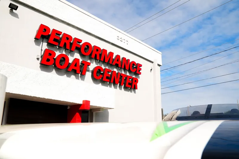  Yacht Photos Pics Performance Boat Center exterior with 2025 Performance Powerboats P360 model in foreground.