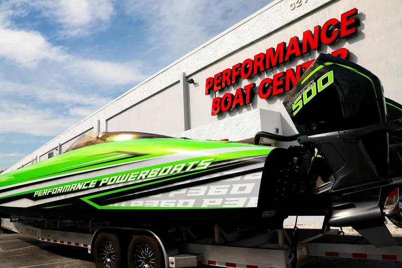  Yacht Photos Pics 2025 Performance Powerboats P360 in vibrant green at Performance Boat Center.