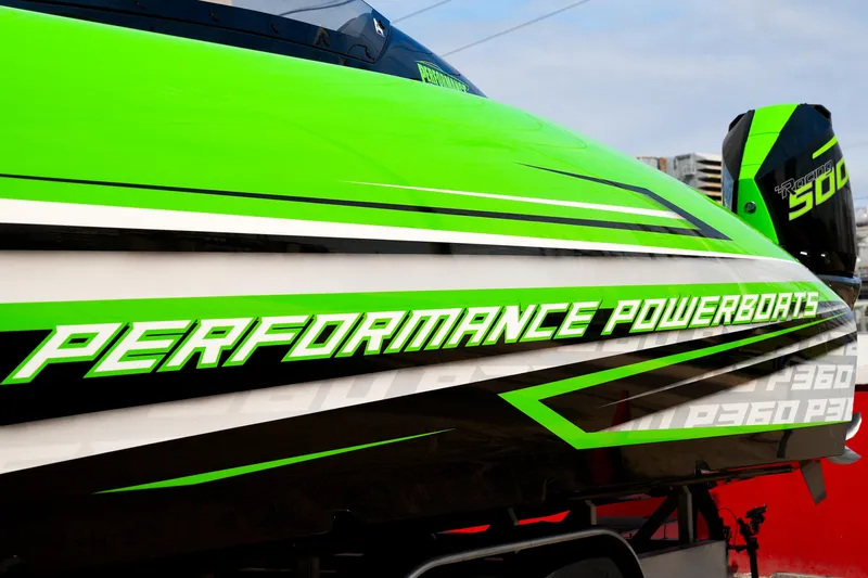  Yacht Photos Pics 2025 Performance Powerboats P360, vibrant green design, sleek racing style.
