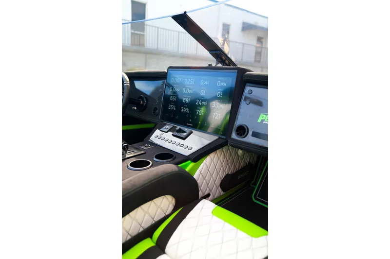  Yacht Photos Pics Interior of 2025 Performance Powerboats P360 with advanced digital dashboard and modern design.