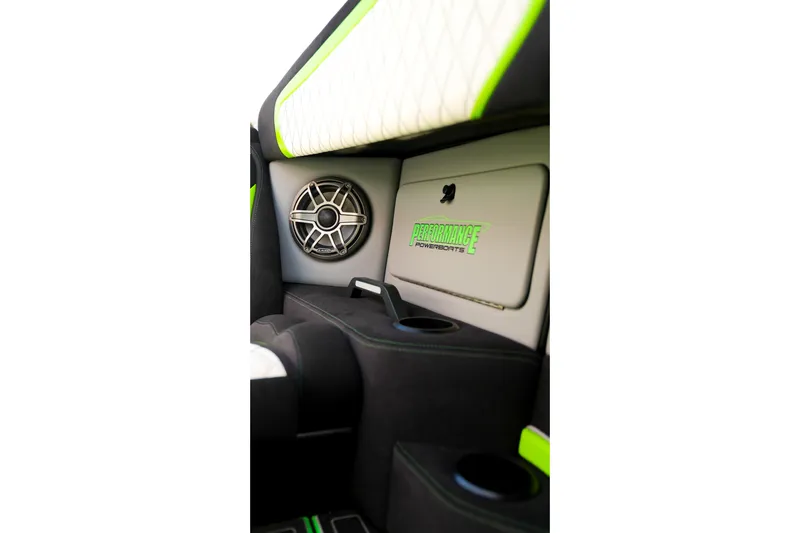 Yacht Photos Pics Interior of 2025 Performance Powerboats P360 with speaker and logo detailing.