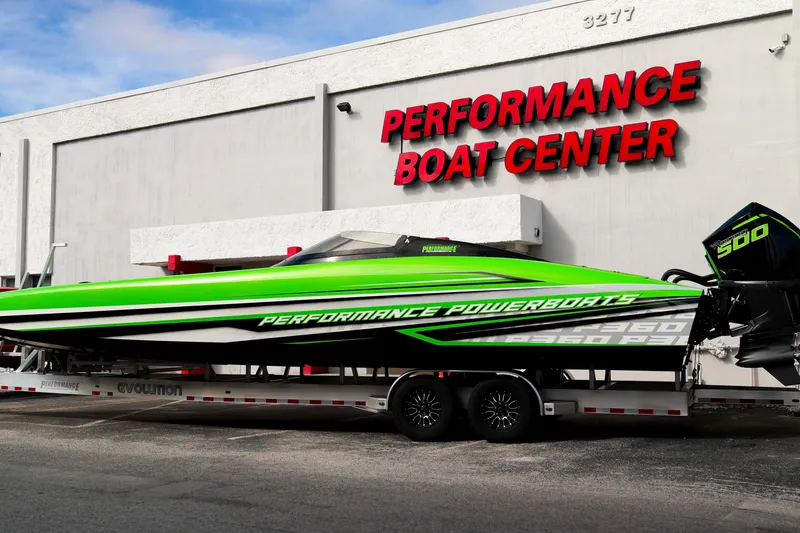  Yacht Photos Pics 2025 Performance Powerboats P360 in vibrant green at Performance Boat Center.