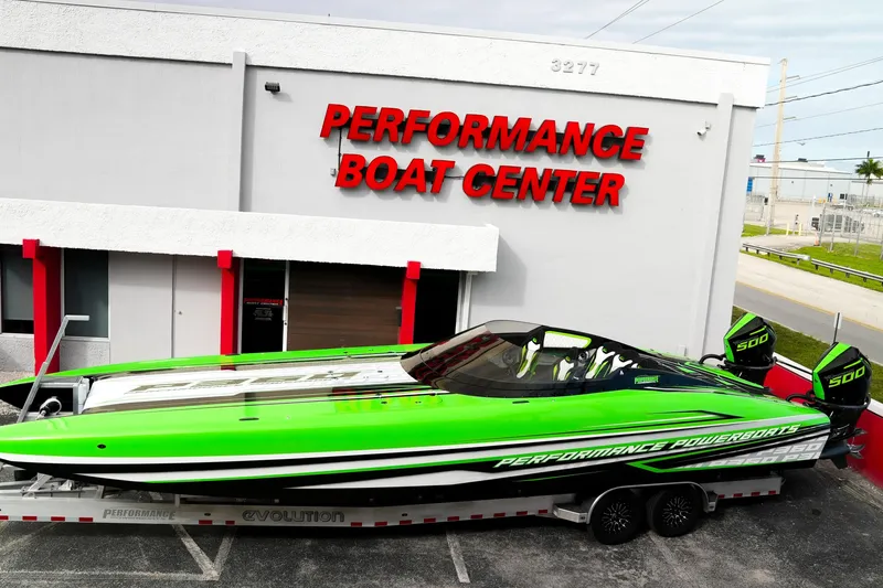  Yacht Photos Pics 2025 Performance Powerboats P360 in vibrant green at Performance Boat Center.