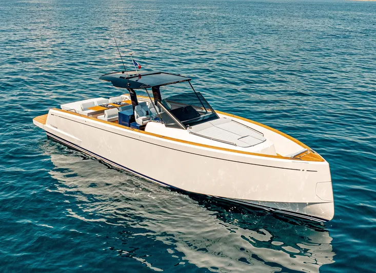  Yacht Photos Pics 2023 Pardo Yachts P43 cruising on open water, showcasing sleek design and luxury features.