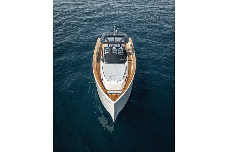  Yacht Photos Pics 2023 Pardo Yachts P43 luxury yacht on calm blue water, aerial view.