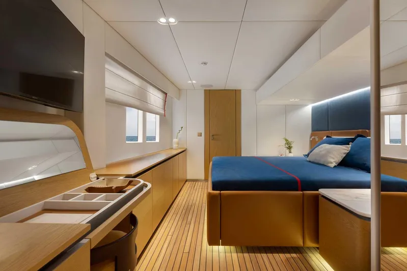  Yacht Photos Pics Luxurious interior of 2026 Sunreef 80 Sunreef Power yacht with modern bedroom design.