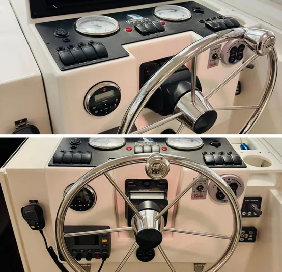 Unity Yacht Photos Pics 2006 Back Cove 29 boat helm with steering wheel and control panel.