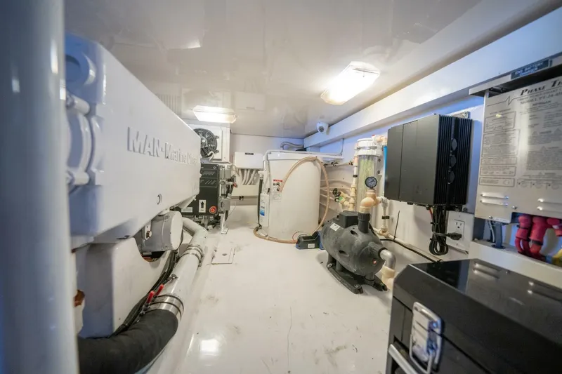  Yacht Photos Pics Engine room of a 2005 Viking 52 Convertible yacht, featuring MAN marine diesel engine.