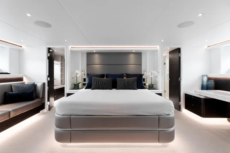 Crescent Lady Yacht Photos Pics Luxurious 2019 Crescent Semi-Displacement yacht bedroom with modern design and elegant furnishings.