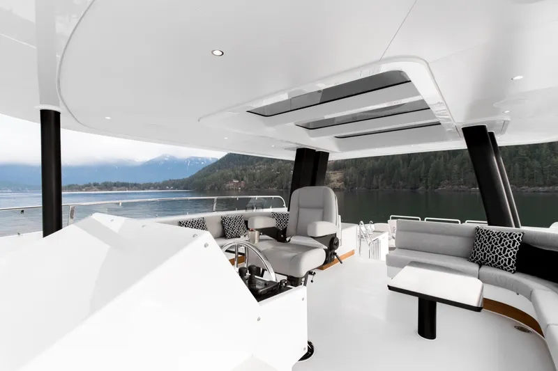 Crescent Lady Yacht Photos Pics Luxurious 2019 Crescent Semi-Displacement yacht interior with scenic lake and mountain views.