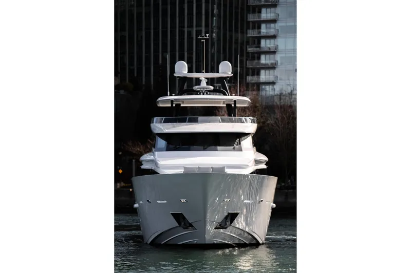 Crescent Lady Yacht Photos Pics Luxurious 2019 Crescent Semi-Displacement yacht docked in urban marina setting.