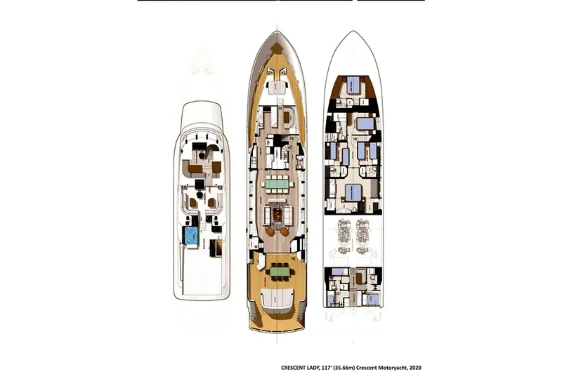 Crescent Lady Yacht Photos Pics Floor plan of 2019 Crescent Semi-Displacement yacht, showcasing detailed interior layout.