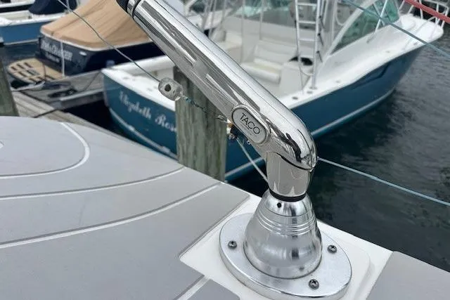  Yacht Photos Pics Chrome boat fitting on 2022 Regulator 41, docked near other vessels.