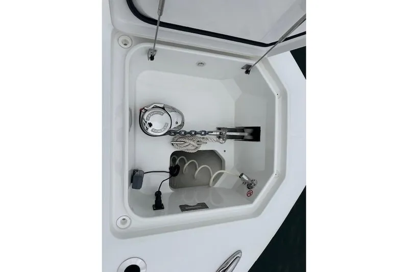  Yacht Photos Pics Anchor compartment of 2022 Regulator 41 boat with chain and rope.