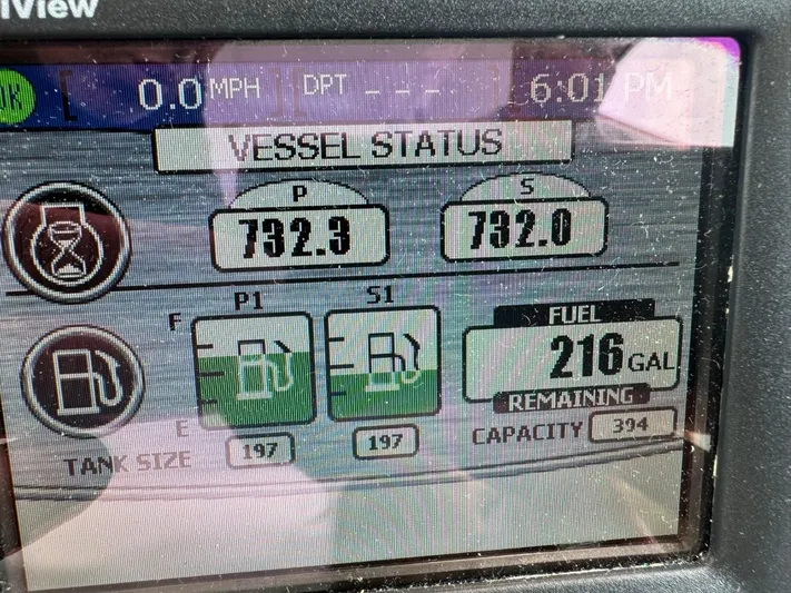Isabela Yacht Photos Pics Vessel status display of 2008 Sea Ray 48 Sundancer showing fuel and engine data.