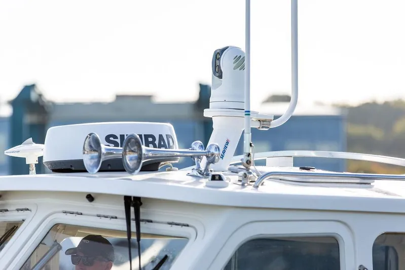 Goombay Yacht Photos Pics Close-up of 2018 MJM 43z boat's radar and navigation equipment on the roof.