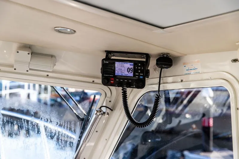 Goombay Yacht Photos Pics Interior of 2018 MJM 43z boat with mounted marine radio system.