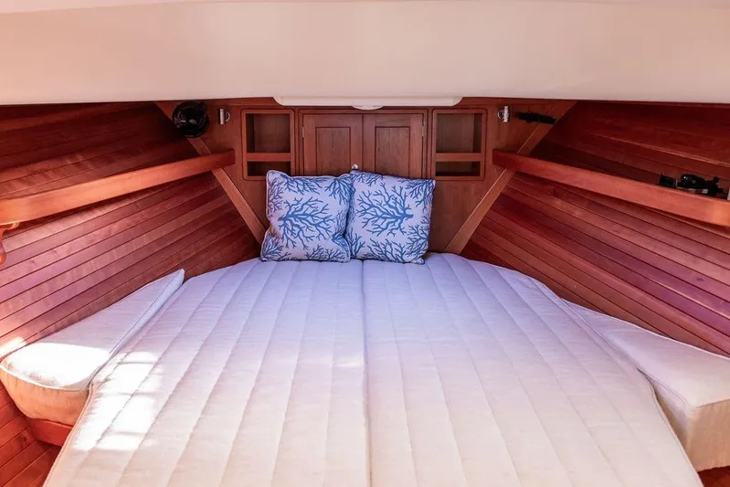 Goombay Yacht Photos Pics Luxurious cabin interior of 2018 MJM 43z yacht with cozy bedding and wooden finish.