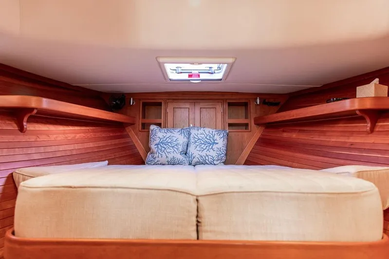 Goombay Yacht Photos Pics Luxurious cabin interior of 2018 MJM 43z yacht with cozy bedding and wooden accents.