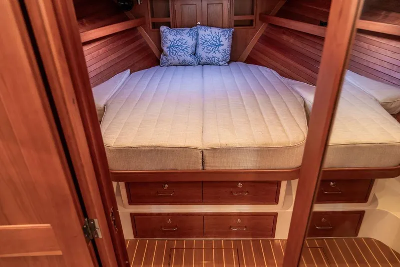 Goombay Yacht Photos Pics Luxurious cabin interior of 2018 MJM 43z yacht with wooden finish and cozy bedding.
