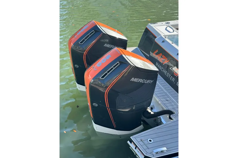  Yacht Photos Pics Twin Mercury outboard engines on 2024 Formula 387 Center Console Fish boat.