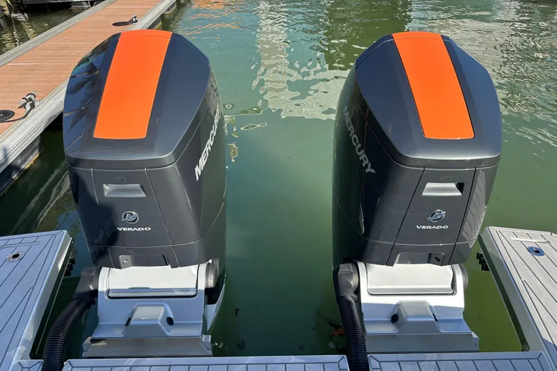  Yacht Photos Pics Twin Mercury Verado engines on a 2024 Formula 387 Center Console Fish boat.
