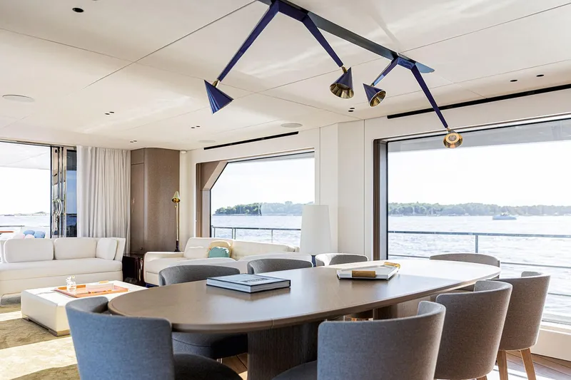  Yacht Photos Pics Luxurious interior of 2025 Azimut 26 Metri yacht with modern dining area and sea view.